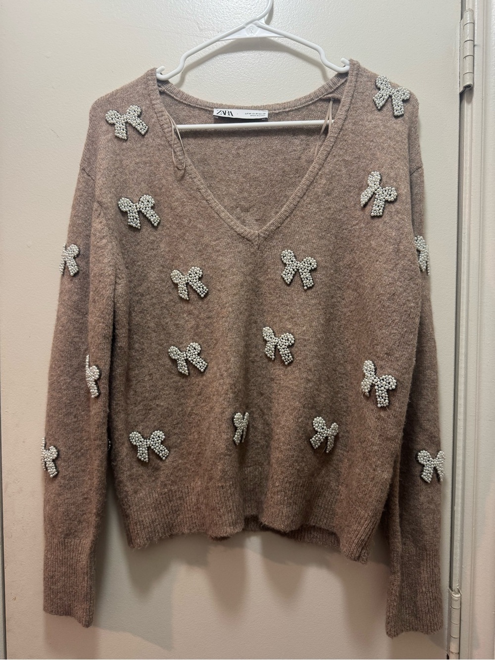 Zara Taupe V-Neck Sweater with Pearl Bow Appliqués